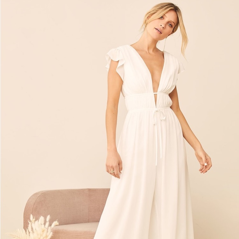 Lulu’s Our Love Song White Ruffled Wide-Leg Jumpsuit NWT